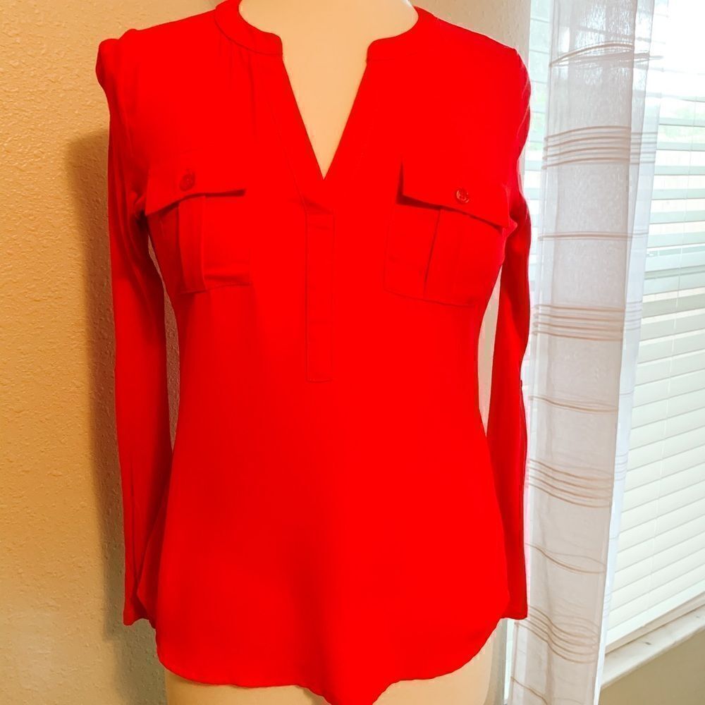 INC P/P red multi media roll tab blouse
